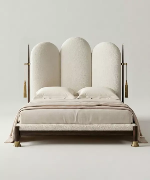 Élune by BOLLU — Three upholstered arches, dark wood and brass accents. A sculptural centrepiece for the bedroom.