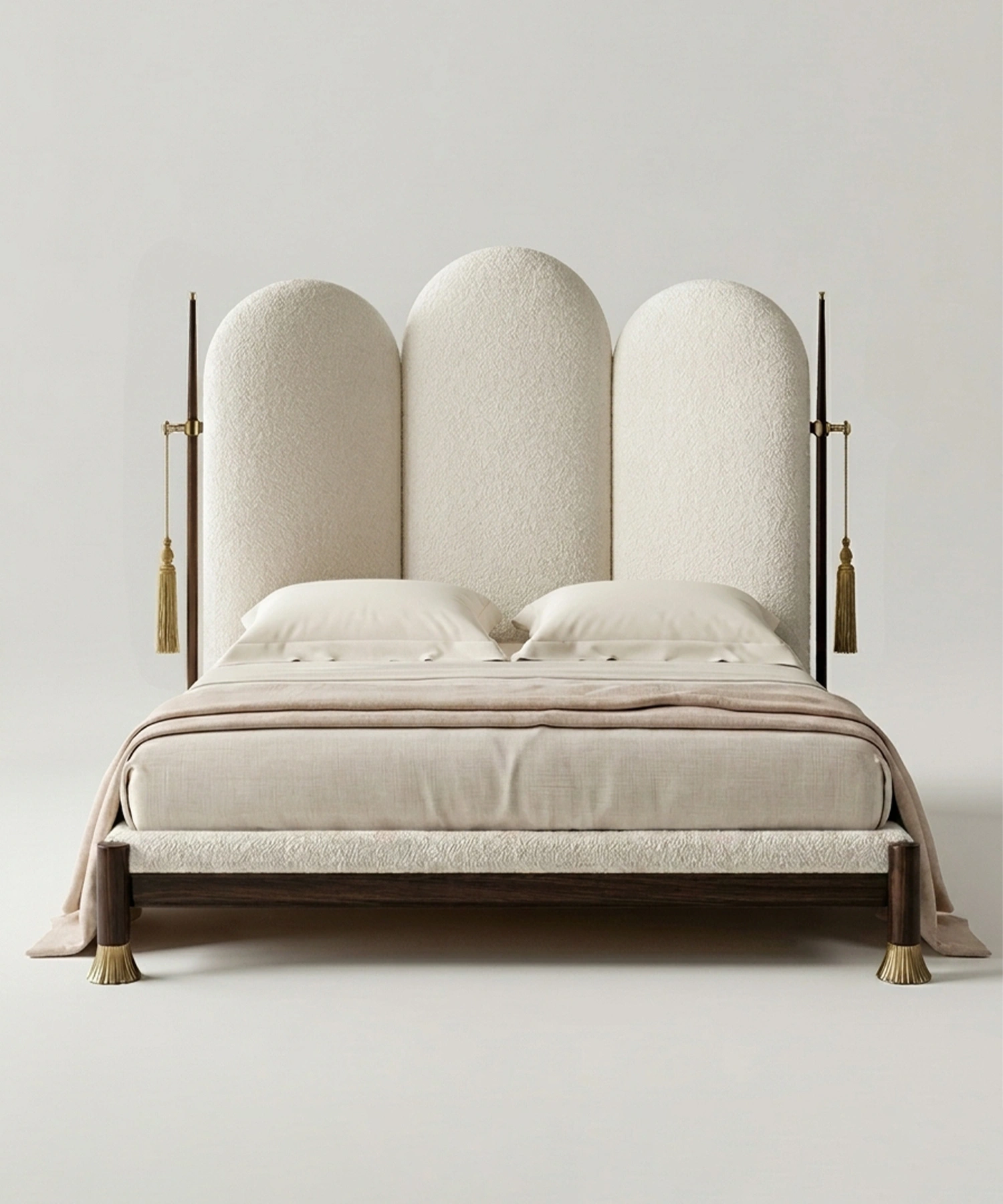 Élune bed with three upholstered arches, dark wood and brass details