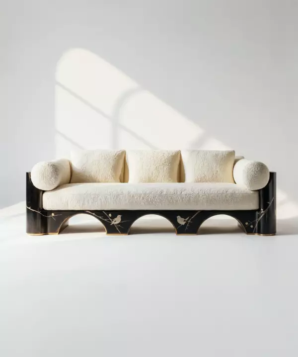 Avelon by BOLLU — Generous bouclé upholstery above a dark, architectural base with hand-painted bird motifs.