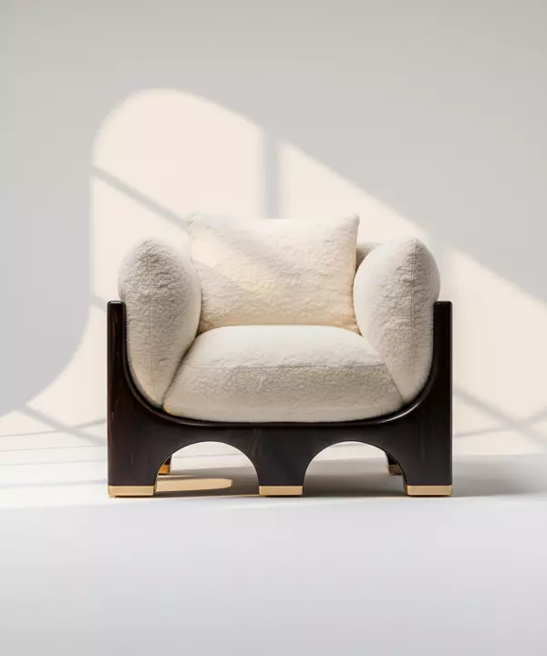 Nuvia by BOLLU — Soft bouclé upholstery meets dark wood, hand-painted birds and restrained brass detailing.
