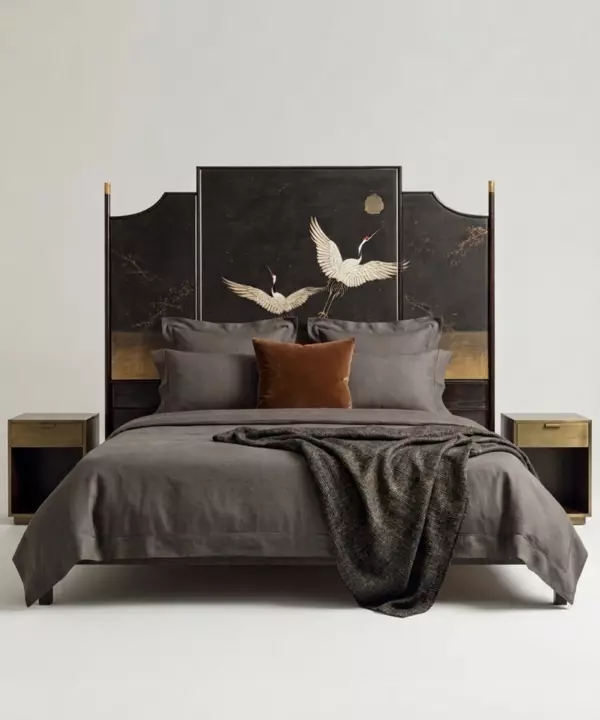 Kōrin by BOLLU — A hand-painted landscape of cranes and branches framed by a tall, architectural headboard.