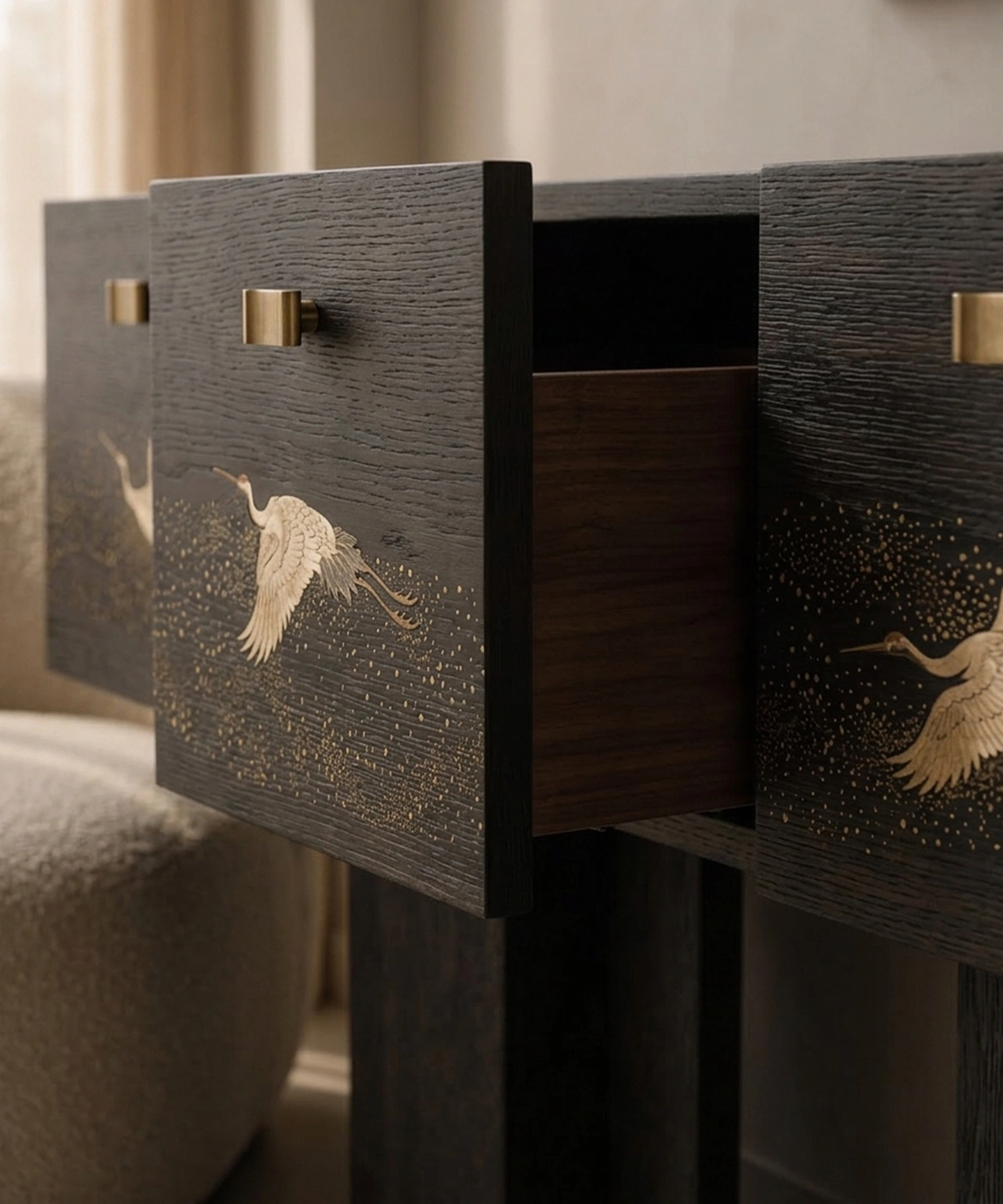Close-up of the Shion chest: hand-painted cranes, dark wood grain and brass handles